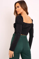 Black Long Sleeve Button Front Milkmaid Crop Top - Gillie
