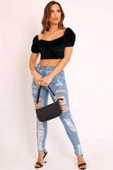 Blue Denim Frayed Hem Distressed Skinny Jeans - Tristen