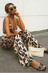 Brown Leopard Halter Plunge Jumpsuit - Gwyn