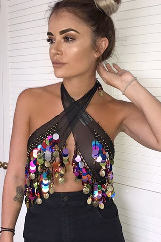 Black Sheer Top with Sequin and Coin Tassels - Taytem