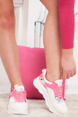 White Pink and Iridscent Lace Up Trainers - Rosah