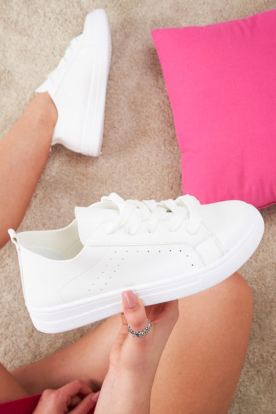 White Lace Up Canvas Style Trainer - Laken