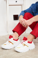 White Red Cleated Sole Lace Up Chunky Trainers - Gradie