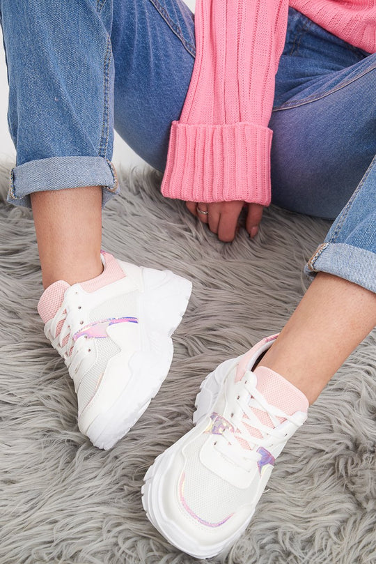 White Pink Cleated Sole Lace Up Chunky Trainers - Gradie