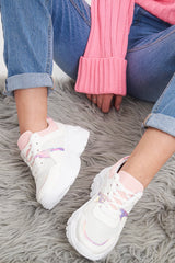 White Pink Cleated Sole Lace Up Chunky Trainers - Gradie