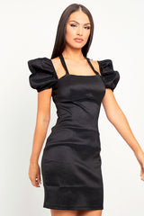 Black High Shine Puff Sleeve Halter Mini Dress - Blanca