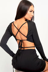 Black Lace Up Back Long Sleeve Crop Top - Malaina