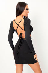 Black Lace Up Back Long Sleeve Crop Top - Malaina