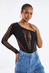 Black Cutout One shoulder Bodysuit - Elia