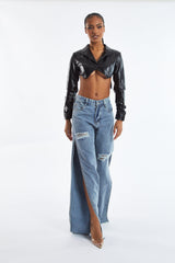 Blue Distressed Side Slit Wide Leg Jeans - Della