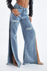 Blue Distressed Side Slit Wide Leg Jeans - Della