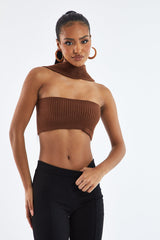Brown Knit Choker Neck Cropped Top - Lia