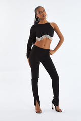 Black Rib Knit Diamante Detail One Sleeve Cropped Top - Aina
