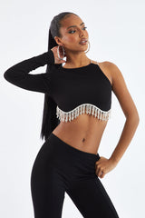 Black Rib Knit Diamante Detail One Sleeve Cropped Top - Aina
