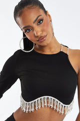 Black Rib Knit Diamante Detail One Sleeve Cropped Top - Aina
