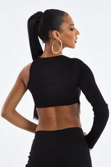 Black Rib Knit Diamante Detail One Sleeve Cropped Top - Aina