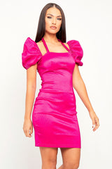 Pink High Shine Puff Sleeve Halter Mini Dress - Blanca