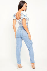 Light Blue Thigh Rip Frayed Hem Mom Jeans - Frayah