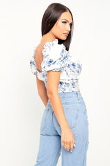 White Blue Printed Corset Crop Top - Kindra