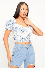 White Blue Printed Corset Crop Top - Kindra