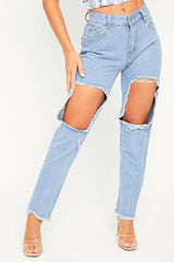 Light Blue Thigh Rip Frayed Hem Mom Jeans - Frayah