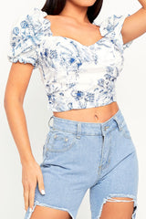 White Blue Printed Corset Crop Top - Kindra