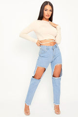 Beige Lace Up Back Long Sleeve Crop Top - Malaina