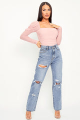 Pink Ruched Body Mesh Sleeve Bodysuit - Raeya