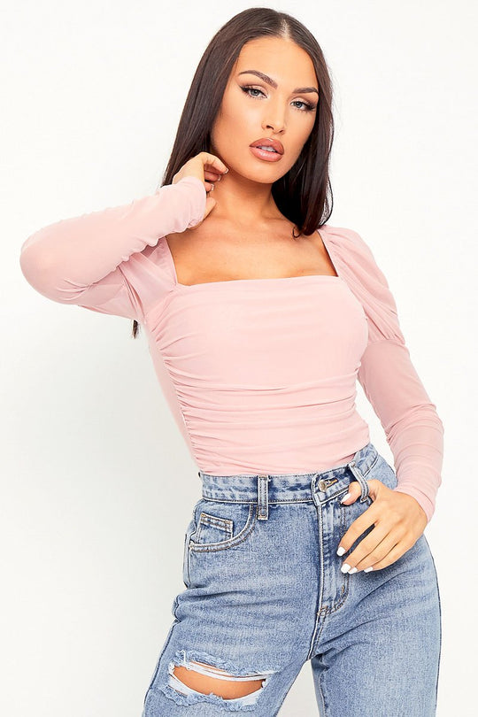 Pink Ruched Body Mesh Sleeve Bodysuit - Raeya