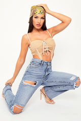 Beige Corset Lace Front Crop Top - Huda