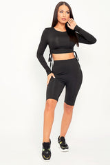Black Double Layer Ruched Top and Cycling Shorts Co-ord - Gwen