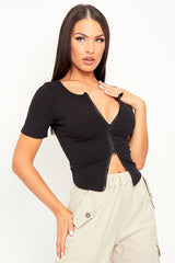Black Ribbed Short Sleeve Double Zip Top - Lara