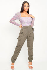 Khaki Elasticated Waist Cargo Trousers - Yalina