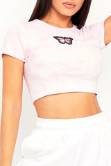 Pink Tie Dye Ribbed Butterfly Crop Top - Indya