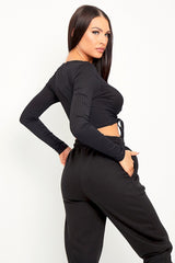 Black Ribbed Plunge Neckline Crop Top - Kaile