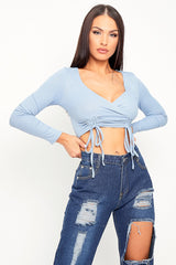 Blue Ribbed Plunge Neckline Crop Top - Kaile