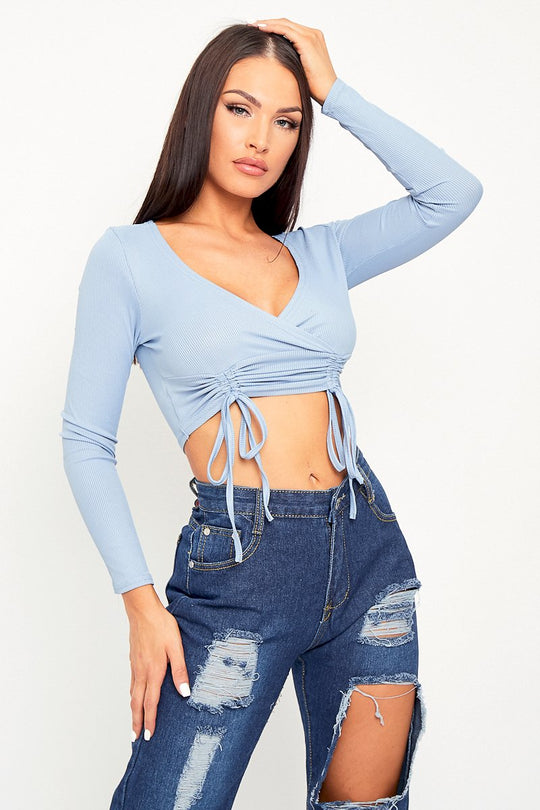 Blue Ribbed Plunge Neckline Crop Top - Kaile
