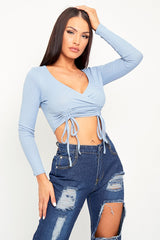 Blue Ribbed Plunge Neckline Crop Top - Kaile