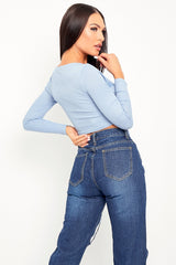 Blue Ribbed Plunge Neckline Crop Top - Kaile