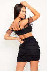Black Mesh Frill Crop Top + Skirt Co-ord - Pansy