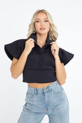 Navy Blue Button Up Front Cropped Top - Cora