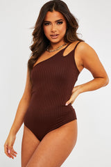 Brown Ribbed Double Strap One Shoulder Bodysuit - Lavia