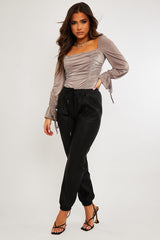 Mink Ruched Panel Tie Wrist Slinky Bodysuit - Elenna