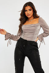 Mink Ruched Panel Tie Wrist Slinky Bodysuit - Elenna