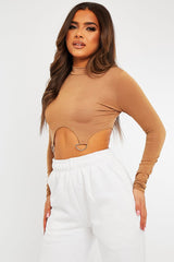 Camel High Neck Cropped Ring Detail Crop Top - Maebel