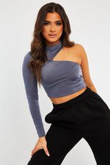 Grey Slinky One Sleeve Crop Top - Katara