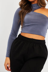 Grey Slinky One Sleeve Crop Top - Katara