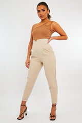 Camel Ribbed Double Strap One Shoulder Bodysuit - Lavia