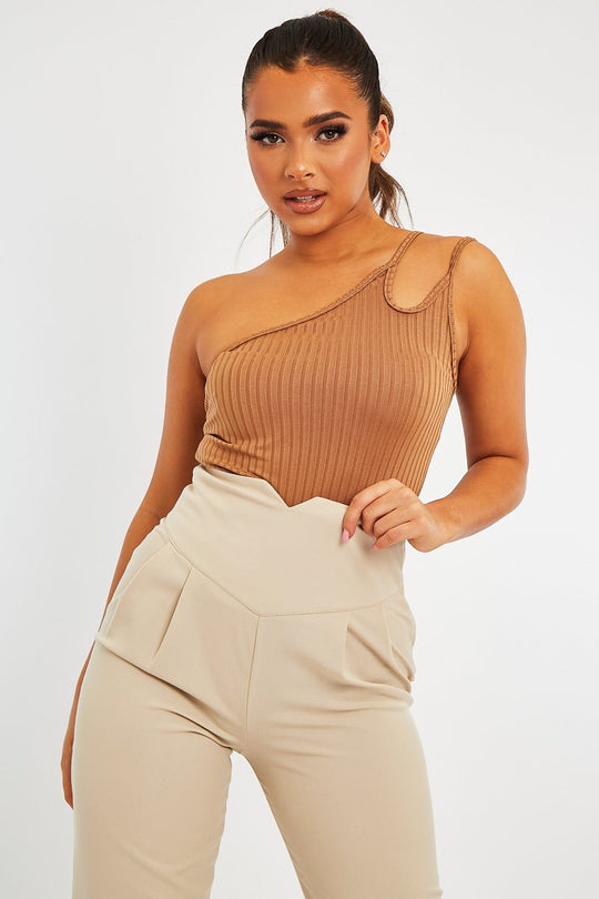 Camel Ribbed Double Strap One Shoulder Bodysuit - Lavia