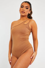 Camel Ribbed Double Strap One Shoulder Bodysuit - Lavia
